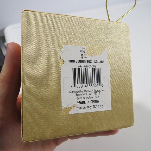 Sequence Satin Covered Box Ornament in Gold and Pinky Peach 90s - Picture 3 of 7